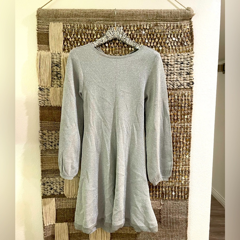 🩶 NWT J Crew gray silver sweater mini dress twist back sparkle sz S
